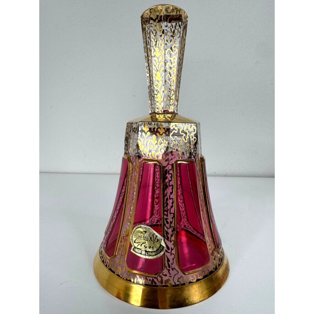 Vintage Bohemia Glass Pink Crystal Hand Bell Gold Gilt Czechoslovakia MCM Decor